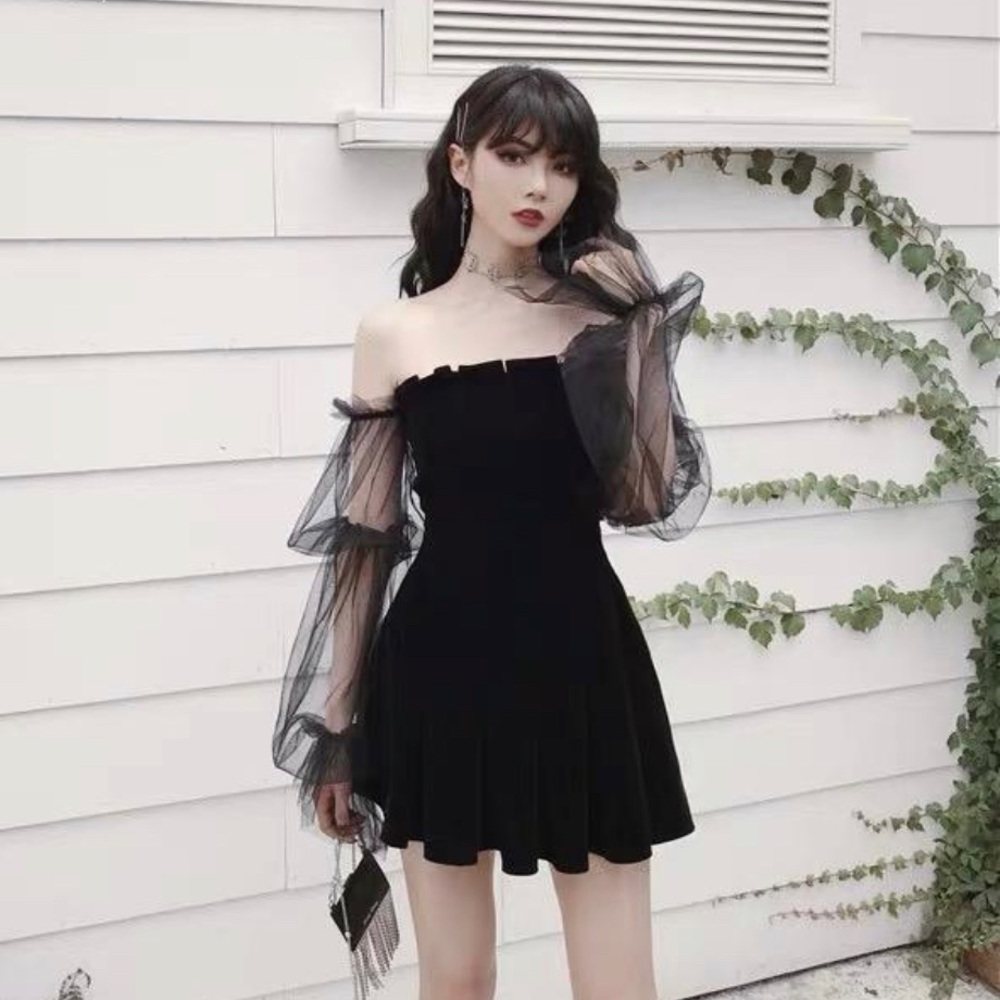 Black velvet off shoulder dress with sheer, puffy sleeves